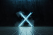 © Brilliant Eye - 3d rendering of framed lighten X alphabet shape on grunge tiles floor surrounded by smoke