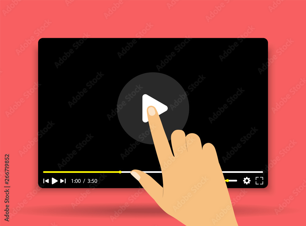 Video tutorials. Video player. Hand clicks on the start button. - obrazy, fototapety, plakaty 