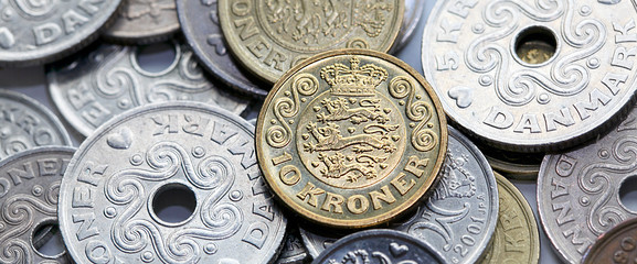 Wall Mural - Mixed Danish Kroner coins - directly above in panoramic format. 