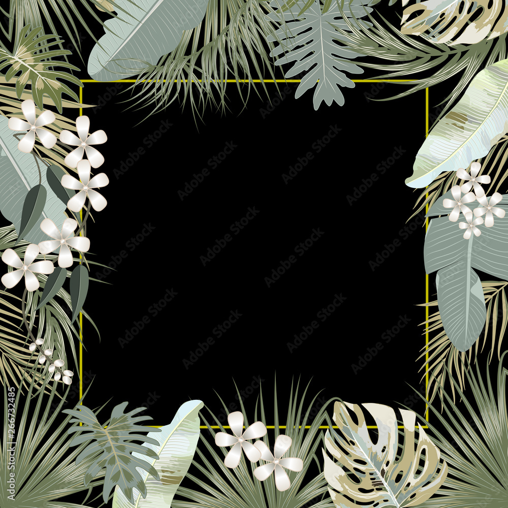 Vector tropical jungle frame with palm trees and leaves on black ...