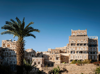 traditional architecture buildings view in sanaa city old town in yemen