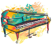 Piano In Watercolor Sketch Style. Colorful Hand Drawn Grunge Style Art For Banner, Card, T-shirt, Tattoo, Print, Poster. Vector Illustration	
