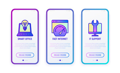 Wall Mural - coworking office thin line icons set: smart office, fast internet, it support. vector illustration f