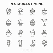 Restaurant Menu Thin Line Icons Set: Starters, Chef Dish, BBQ, Soup, Beef, Steak, Beverage, Fish, Salad, Pizza, Wine, Seafood, Burger. Modern Vector Illustration.