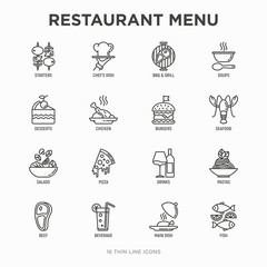 Restaurant menu thin line icons set: starters, chef dish, BBQ, soup, beef, steak, beverage, fish, salad, pizza, wine, seafood, burger. Modern vector illustration.