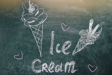 The Inscription In Chalk On A Blackboard "ice Cream", Ice Cream Drawn In Chalk