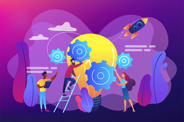 Wall Mural - Tiny business people generating ideas and holding gears at big light bulb. Idea management, alternative thinking, best solution choice concept. Bright vibrant violet vector isolated illustration