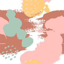 Hand Painted Brush Strokes In Pink, Mustard, Mint, Brown, White. Seamless Vector Abstract Pattern, Background Of Texture Brush Strokes And Spots, Dots For Fabric Design, Different Web Designs
