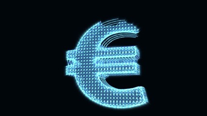 Wall Mural - The appearance of the European Euro sign. Digital internet money icon. Animation of abstract idea. Glowing symbol on a dark background.