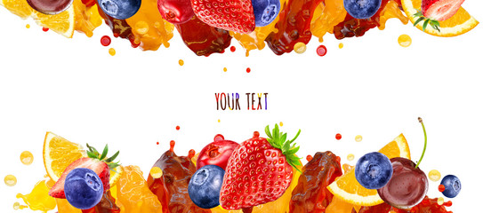 Wall Mural - Fresh ripe orange, strawberry, cherry, raspberry, blueberry, cranberry juice mix splashes with strawberry, blueberry, cherry, cranberry, raspberry. Citrus berry juice banner design with copy space. 3D