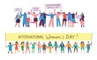 © virinaflora - Colorful vector illustrations concept of Happy Woman's internarional day . Happy female friends, union of feminists, sisterhood holding the placard in flat design