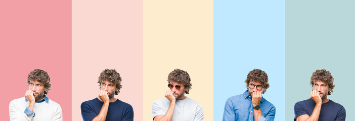 Sticker - Collage of young casual man over colorful stripes isolated background looking stressed and nervous with hands on mouth biting nails. Anxiety problem.