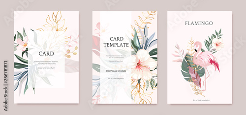 Cuadros en Lienzo Set of card with exotic green, gold leaves and flowers