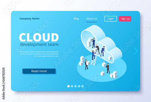 Isometric Vector Image On A White Background Landing As A Landing Page For A Web Site People In Business Suits Move Blocks In The Cloud Buy This Stock Vector And Explore