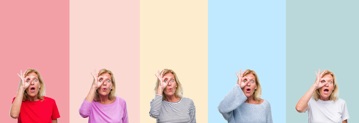 Canvas Print - Collage of middle age senior beautiful woman over colorful stripes isolated background doing ok gesture shocked with surprised face, eye looking through fingers. Unbelieving expression.