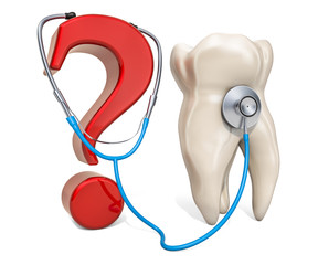 Wall Mural - Tooth with question mark and stethoscope. Diagnostic and treatment concept, 3D rendering