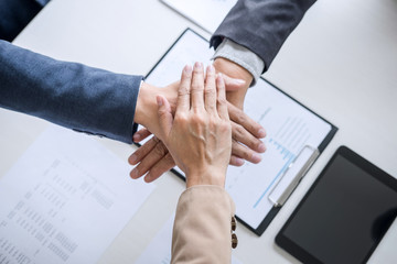 Aufkleber - Image of business people joining and putting hands together during their meeting, connection and collaboration concept, Teamwork process of partner and best relationship