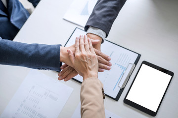 Aufkleber - Image of business people joining and putting hands together during their meeting, connection and collaboration concept, Teamwork process of partner and best relationship