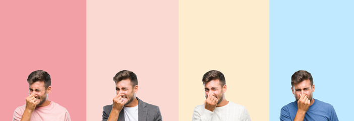 Canvas Print - Collage of handsome young man over colorful stripes isolated background smelling something stinky and disgusting, intolerable smell, holding breath with fingers on nose. Bad smells concept.