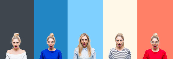 Canvas Print - Collage of young beautiful blonde woman over vivid colorful vintage stripes isolated background afraid and shocked with surprise expression, fear and excited face.