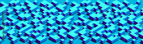 Obraz Dibond Streszczenie tło izometryczne nowoczesne poziome pikseli. Kompozycja geometryczna 3D. Niebieska Tekstura. Figury przestrzenne, sześciany, równoległościany. Szablon kreatywny na plakat reklamowy, okładka, baner