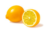 Fototapeta  - Fresh orange Tashkent lemons or Meyer lemons, one whole and one half isolated on white background with shadow
