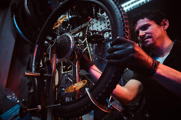 Wall Mural - Diligent attractive mechanic is fixing bicycle at his own workshop.