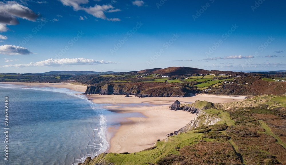 Three Cliffs Bay Gower Peninsula Wales Great Britain Aerial View - obrazy, fototapety, plakaty 