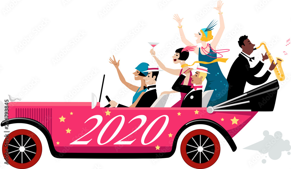 Group of celebrating New Year people dressed in 1920s fashion arriving in a vintage car with 2020 painted on it, EPS 8 vector illustration - obrazy, fototapety, plakaty 