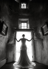 Wall Mural - silhouette of a bride stands in a doorway