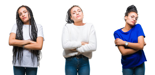 Poster - Collage of beautiful braided hair african american woman over isolated background skeptic and nervous, disapproving expression on face with crossed arms. Negative person.