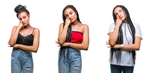 Wall Mural - Collage of beautiful braided hair african american woman with birth mark over isolated background with hand on chin thinking about question, pensive expression. Smiling with thoughtful face