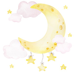 Watercolor illustration with cute moon, stars and clouds, isolated on white background