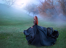 Mysterious Girl With Red Hair Runs From Forest In Gorgeous Lace Royal Dress With Flying Light Long Train, Lady In Green Frozen Meadow And Fog, Sorceress Turns To Black Crow And Flies To Sun