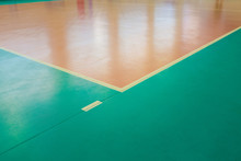 Rubber Flooring In The Gym Empty Professional Volleyball Court.