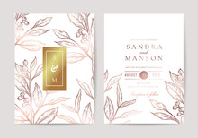 Luxury Natural Wedding Invite Card For Summer And Spring Seasons. Design With Gold Leaves Minimal Style Decoration. Vector