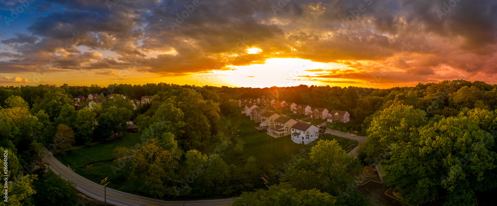 Aerial panorama of a modern row of newly constructed two story single ...