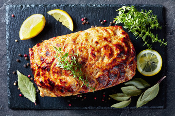 Sticker - chicken meatloaf on a slate flat plate