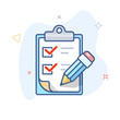 Vector checklist line icon. Clipboard with survey and pen outline illustration.