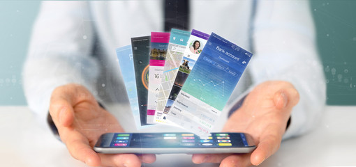 Wall Mural - businessman holding mobile application template on a smartphone 3d rendering