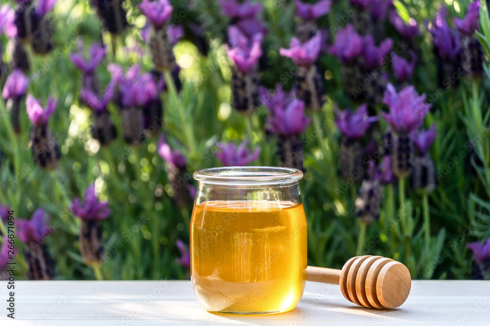 Jar of organic floral honey  with a wooden drizzle against lavender background . Outdoor.  - obrazy, fototapety, plakaty 