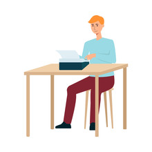 A Red Haired Man Writer In Pants And A Sweater Is Typing On A Typewriter At The Table.
