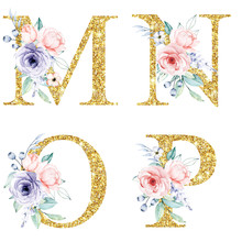 Floral Alphabet, Letters M, N, O, P With Watercolor Flowers And Leaf. Gold Monogram Initials Perfectly For Wedding Invitation, Greeting Card, Logo, Poster And Other. Holiday Design Hand Painting. 
