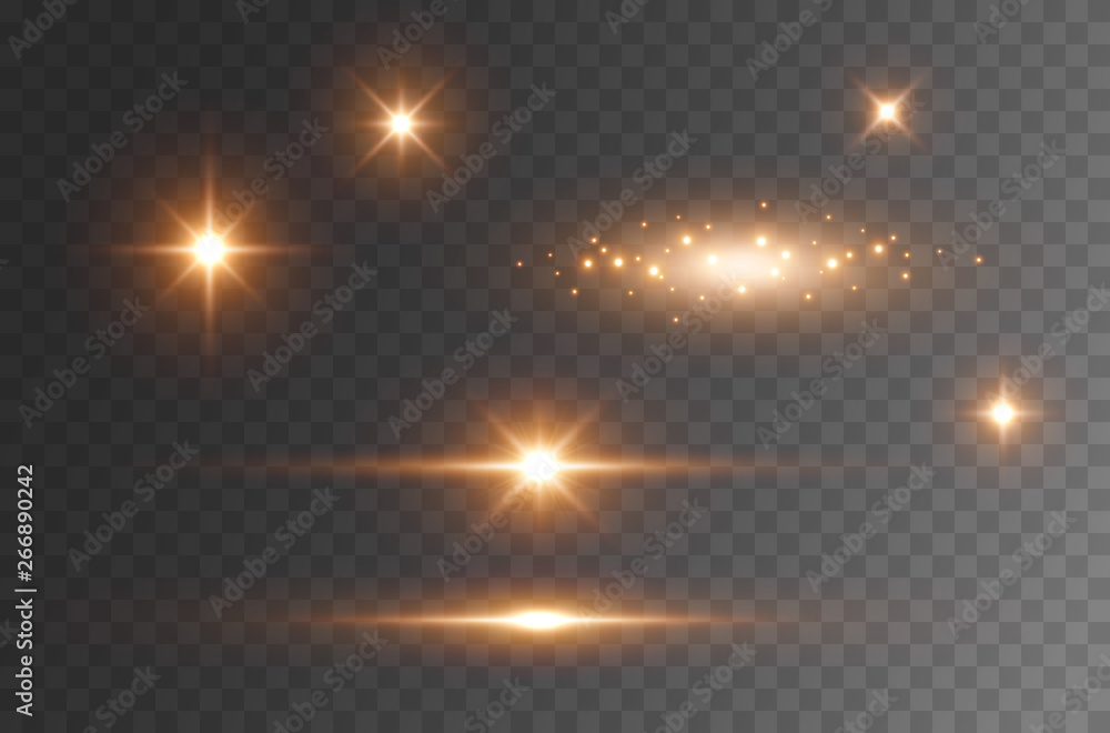 Star burst with sparkles isolated on transparent background. Sun flash with rays or gold spotlight set. Glow  flare light effect. - obrazy, fototapety, plakaty 