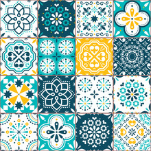 Lisbon Azujelo Vector Seamless Tiles Design - Portuguese Retro Pattern In Turqouoise And Yellow, Tile Big Collection