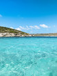 Island with clear blue water. Nature summer seascape in Malta.  Paradise island leisure concept. Travel and tourism. Malta, Comino Island