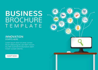 Wall Mural - Business brochure template design with colourful icons and text on blue background.