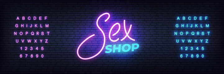 Wall Mural - Sex shop neon template. Glowing night bright lettering vector sign for adult sex shop advertisement.