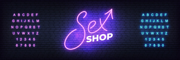 Wall Mural - Sex shop neon. Glowing night bright lettering vector sign for adult sex shop advertisement.