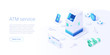 © Graf Vishenka - ATM machine concept in isometric vector illustration. Cash machine withdrawal or online money transfer. Internet banking smartphone pay. Website banner or webpage layout template.